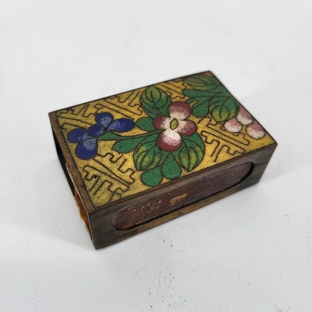 Antique Chinese Cloisonne Enamel Matchbox Holder Floral Brass